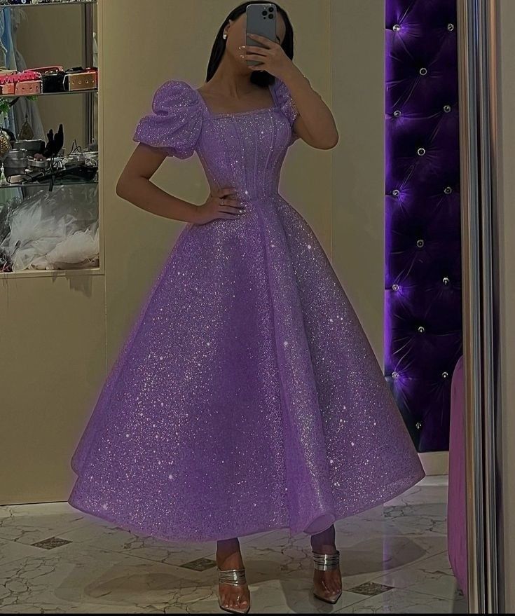 Vintage Ball Gown Square Neckline Lilac Sequin Evening Dress Prom Dresses C3696