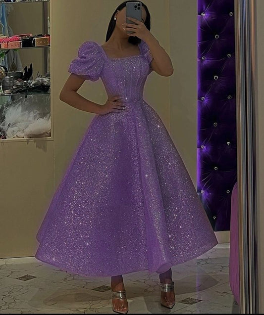 Vintage Ball Gown Square Neckline Lilac Sequin Evening Dress Prom Dresses C3696