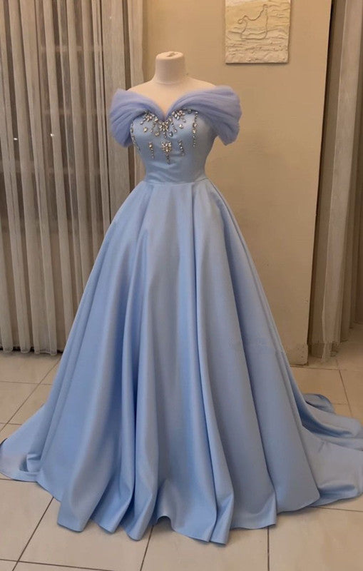Jolie robe de bal à épaules dénudées, longue robe de soirée bleue avec perles C3698
