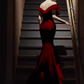 Sexy sirène hors de l'épaule Satin longues robes de bal bordeaux C36