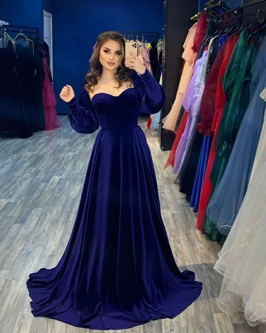 Simple A line Long Sleeves Royal Blue Velvet Prom Dress Long Evening Dress C3703