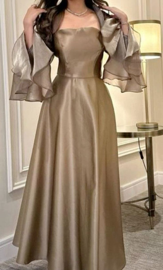 Sexy A line Square Neckline Long Sleeves Chiffon Champagne Prom Dress Long Evening Dress C3706