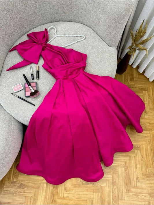 Sexy A line One Shoulder Satin Long Hot Pink Prom Dress Party Evening Dress C3708