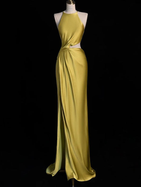 Sexy A line Boat Neckline Gold Satin Prom Dresses Party Evening Dress C3722
