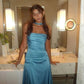 Sexy Sheath Strapless Blue Satin Prom Dresses Party Evening Dress With Ribbon C3724