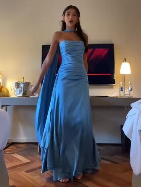 Sexy Sheath Strapless Blue Satin Prom Dresses Party Evening Dress With Ribbon C3724