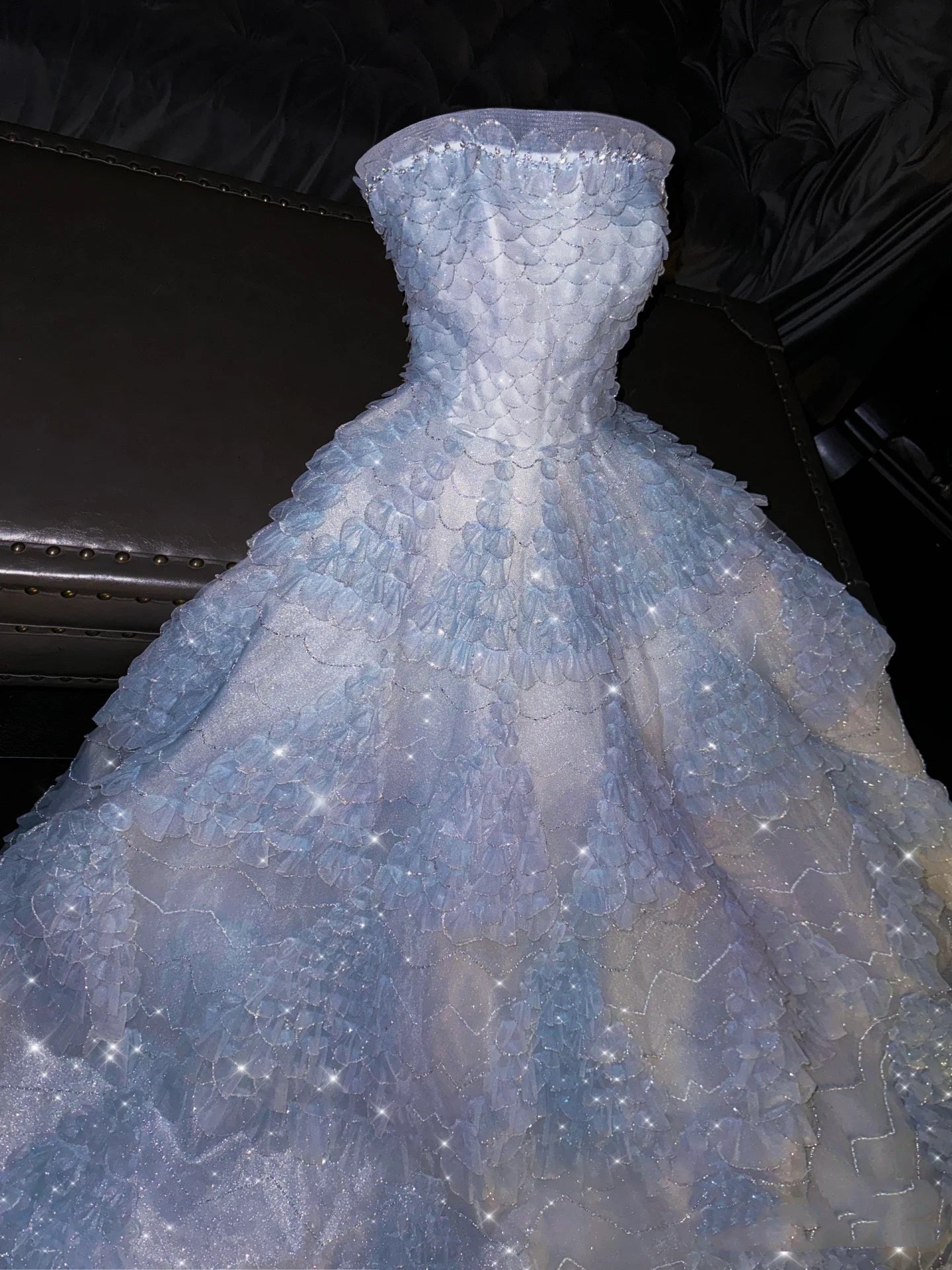 Fairytale A Line Strapless Light Sky Blue Tulle Sleeveless Prom Dress Evening Dresses C3735