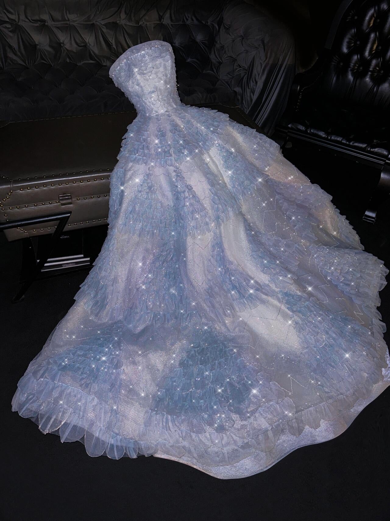 Fairytale A Line Strapless Light Sky Blue Tulle Sleeveless Prom Dress Evening Dresses C3735