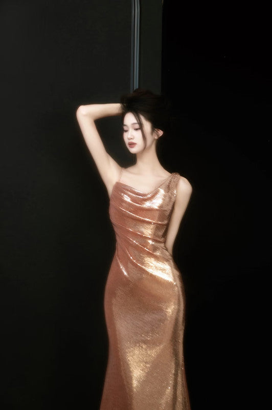Sexy Sheath Straps Sequin Gold Prom Dresses Party Evening Dress With Ruffles C3737