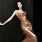 Sexy Sheath Straps Sequin Gold Prom Dresses Party Evening Dress With Ruffles C3737