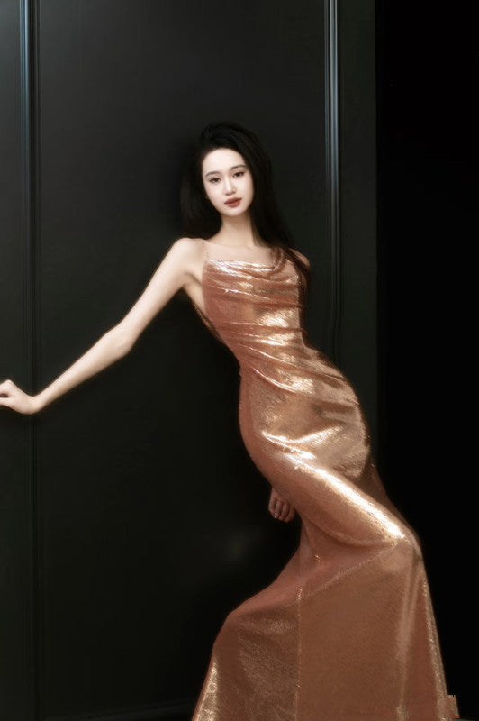 Sexy Sheath Straps Sequin Gold Prom Dresses Party Evening Dress With Ruffles C3737