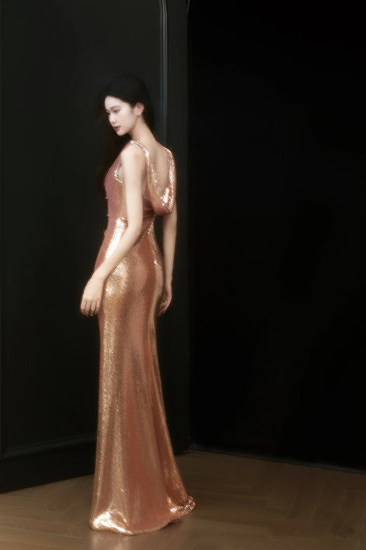 Sexy Sheath Straps Sequin Gold Prom Dresses Party Evening Dress With Ruffles C3737