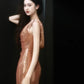 Sexy Sheath Straps Sequin Gold Prom Dresses Party Evening Dress With Ruffles C3737