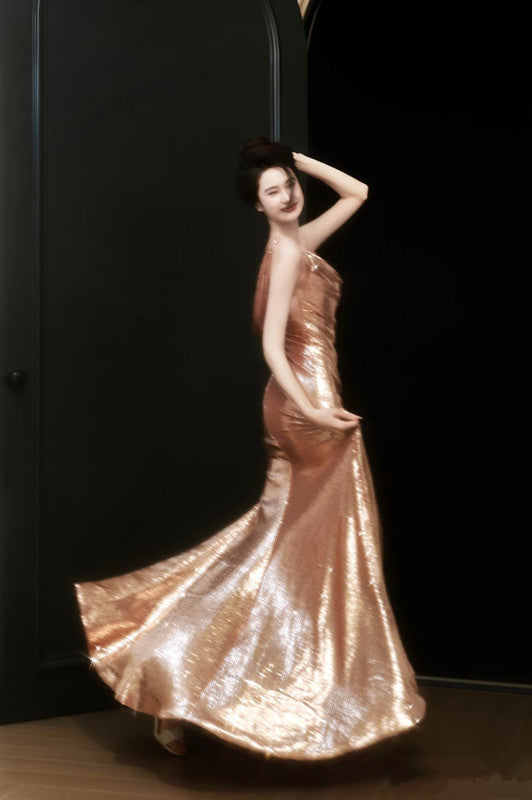 Sexy Sheath Straps Sequin Gold Prom Dresses Party Evening Dress With Ruffles C3737