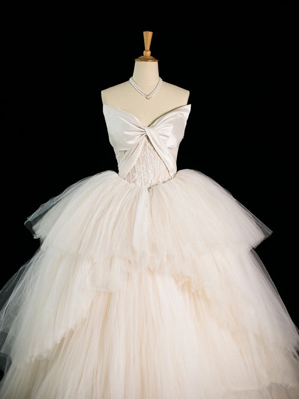 Chic Ball Gown Strapless Sleeveless White Tulle Wedding Dresses With Ruffles C3740
