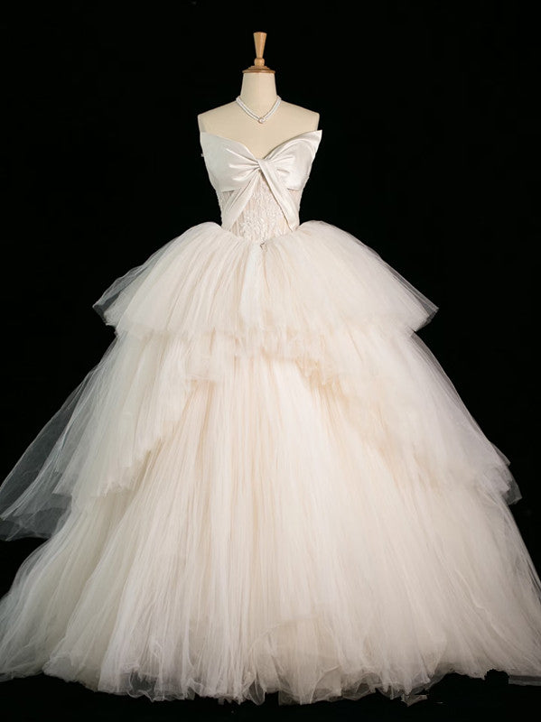 Chic Ball Gown Strapless Sleeveless White Tulle Wedding Dresses With Ruffles C3740