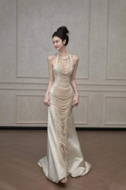 Chic Mermaid Halter Sleeveless White Satin Wedding Dresses With Pearls C3741