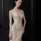 Chic Mermaid Halter Sleeveless White Satin Wedding Dresses With Pearls C3741