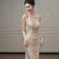 Chic Mermaid Halter Sleeveless White Satin Wedding Dresses With Pearls C3741