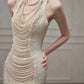 Chic Mermaid Halter Sleeveless White Satin Wedding Dresses With Pearls C3741