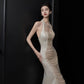 Chic Mermaid Halter Sleeveless White Satin Wedding Dresses With Pearls C3741