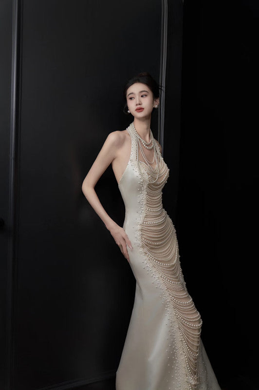 Chic Mermaid Halter Sleeveless White Satin Wedding Dresses With Pearls C3741