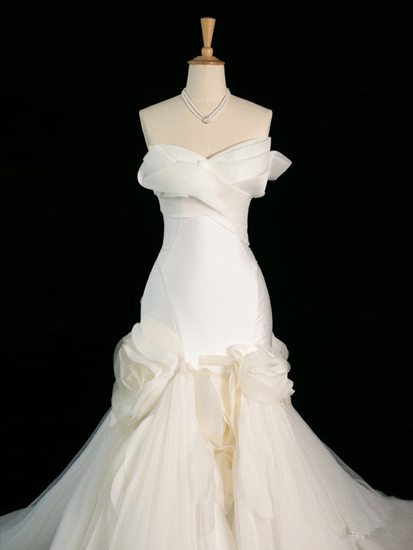Chic Mermaid Strapless Sleeveless White Satin Wedding Dresses With Ruffles C3742