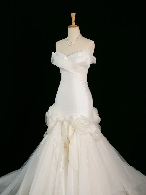 Chic Mermaid Strapless Sleeveless White Satin Wedding Dresses With Ruffles C3742