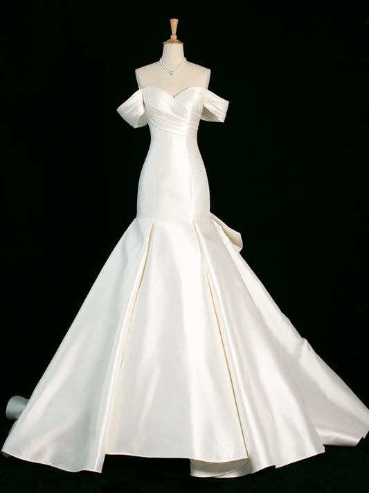 Chic Mermaid Strapless Sleeveless White Satin Wedding Dresses With Ruffles C3743