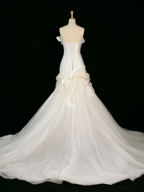 Chic Mermaid Strapless Sleeveless White Satin Wedding Dresses With Ruffles C3742