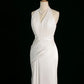 Chic Sheath Halter Sleeveless White Satin Wedding Dresses With Ruffles C3744
