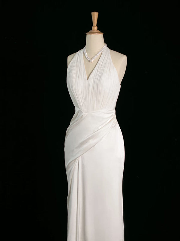 Chic Sheath Halter Sleeveless White Satin Wedding Dresses With Ruffles C3744
