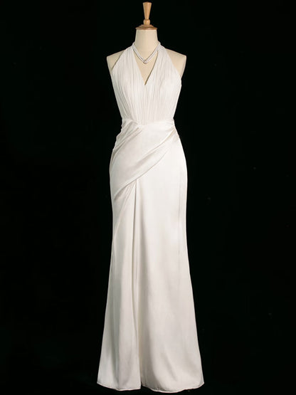 Chic Sheath Halter Sleeveless White Satin Wedding Dresses With Ruffles C3744