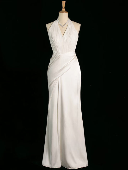 Chic Sheath Halter Sleeveless White Satin Wedding Dresses With Ruffles C3744