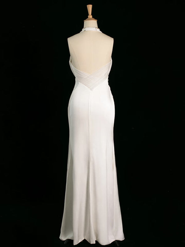 Chic Sheath Halter Sleeveless White Satin Wedding Dresses With Ruffles C3744