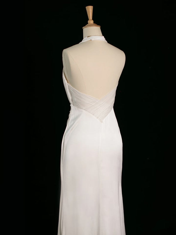 Chic Sheath Halter Sleeveless White Satin Wedding Dresses With Ruffles C3744