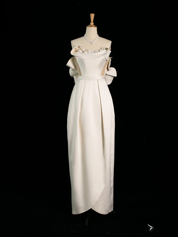 Chic Sheath Strapless Sleeveless Ivory Satin Wedding Dresses With Flowers C3747