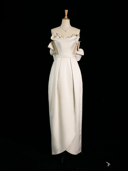 Chic Sheath Strapless Sleeveless Ivory Satin Wedding Dresses With Flowers C3747