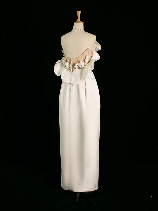 Chic Sheath Strapless Sleeveless Ivory Satin Wedding Dresses With Flowers C3747
