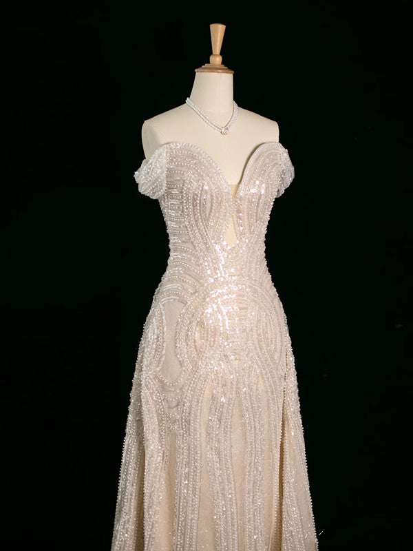 Vintage Sheath Off The Shoulder Sequin Champagne Wedding Dresses With Beads C3748