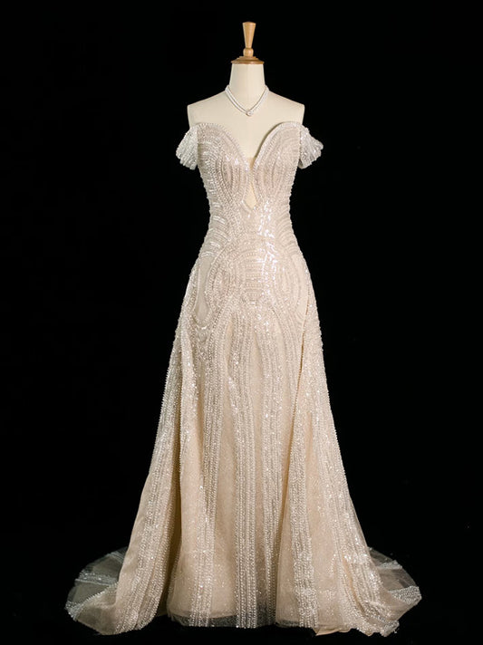 Vintage Sheath Off The Shoulder Sequin Champagne Wedding Dresses With Beads C3748