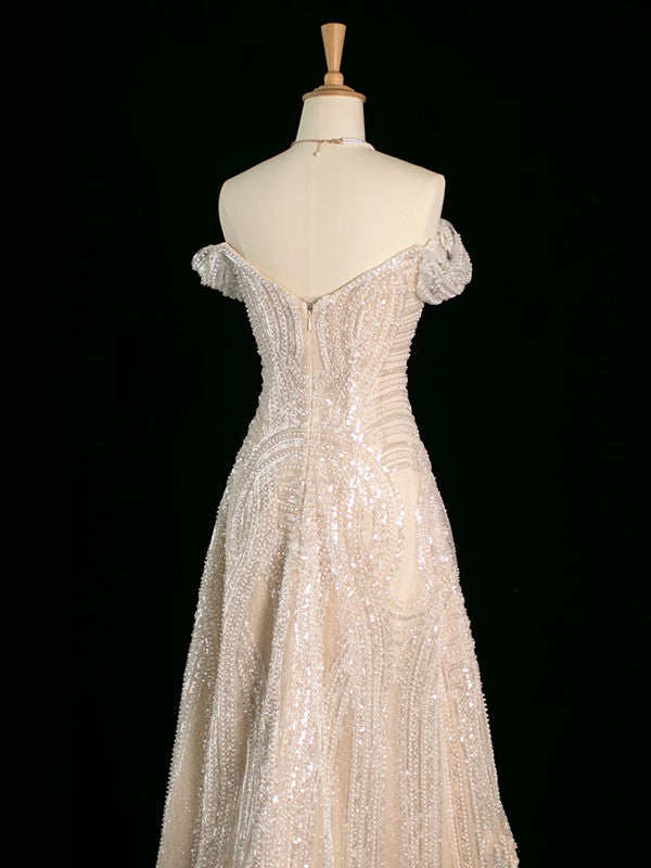 Vintage Sheath Off The Shoulder Sequin Champagne Wedding Dresses With Beads C3748