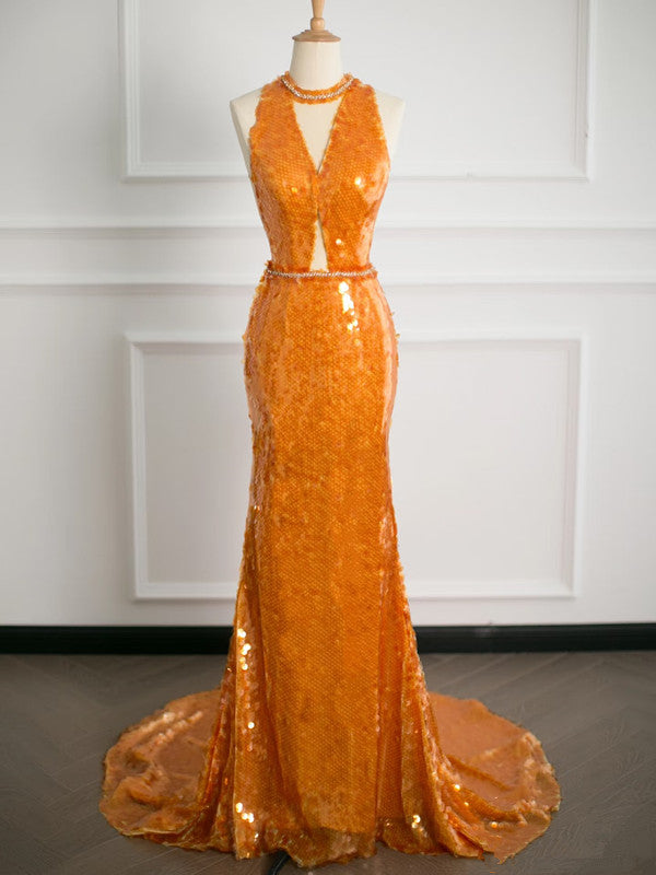 Sexy Mermaid Scoop Neckline Orange Sequin Prom Dresses Party Evening Dress With Beads C3753