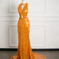 Sexy Mermaid Scoop Neckline Orange Sequin Prom Dresses Party Evening Dress With Beads C3753