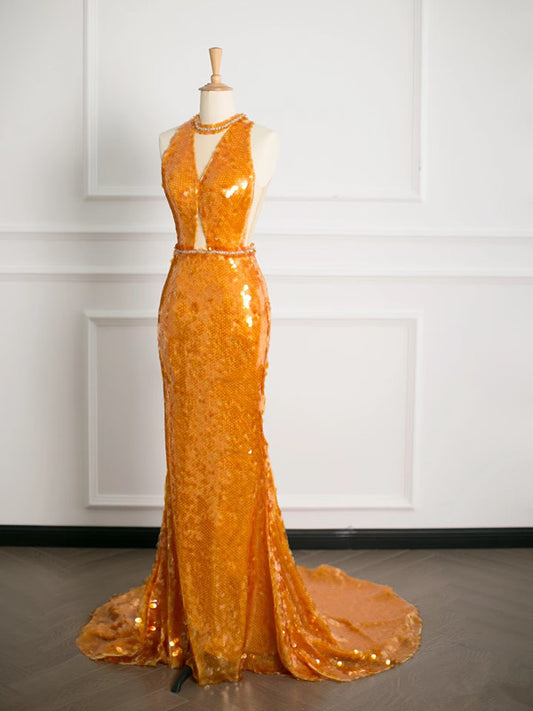 Sexy Mermaid Scoop Neckline Orange Sequin Prom Dresses Party Evening Dress With Beads C3753