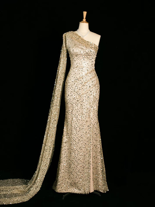 Sexy Mermaid One Shoulder Slit Sequin Prom Dresses Party Evening Dress C3754