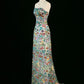 Robe de soirée longue vintage à paillettes et à fleurs, coupe trapèze, sans bretelles, C3756