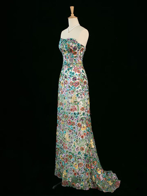 Robe de soirée longue vintage à paillettes et à fleurs, coupe trapèze, sans bretelles, C3756