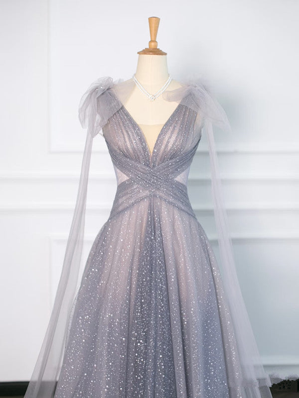 Robe de soirée simple en tulle gris à bretelles spaghetti et ligne A C3757