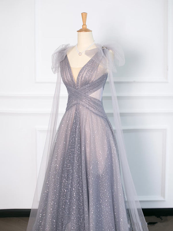 Robe de soirée simple en tulle gris à bretelles spaghetti et ligne A C3757